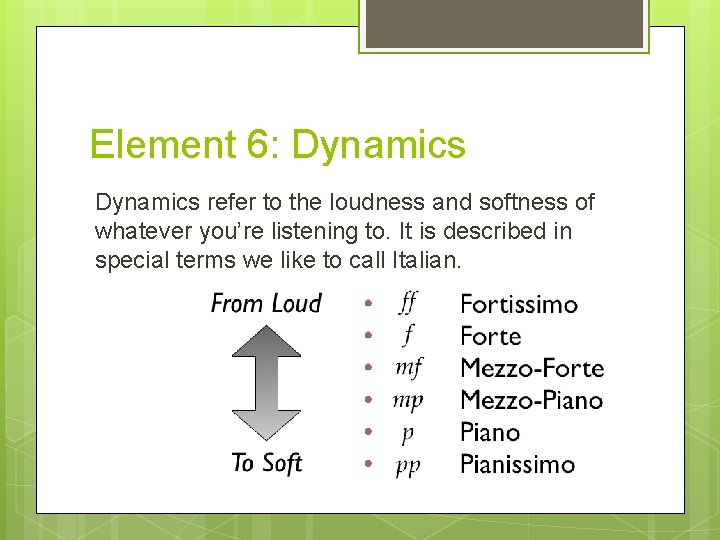 Element 6: Dynamics refer to the loudness and softness of whatever you’re listening to.
