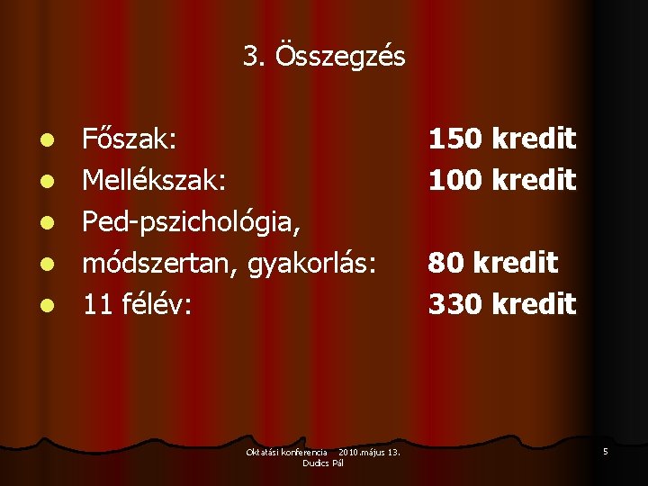 3. Összegzés l l l Főszak: Mellékszak: Ped-pszichológia, módszertan, gyakorlás: 11 félév: Oktatási konferencia 3. Összegzés l l l Főszak: Mellékszak: Ped-pszichológia, módszertan, gyakorlás: 11 félév: Oktatási konferencia