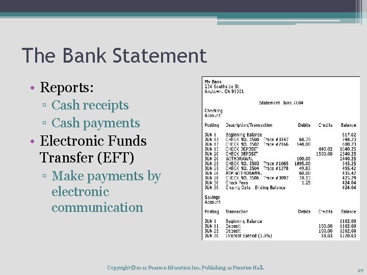 The Bank Statement • Reports: ▫ Cash receipts ▫ Cash payments • Electronic Funds The Bank Statement • Reports: ▫ Cash receipts ▫ Cash payments • Electronic Funds