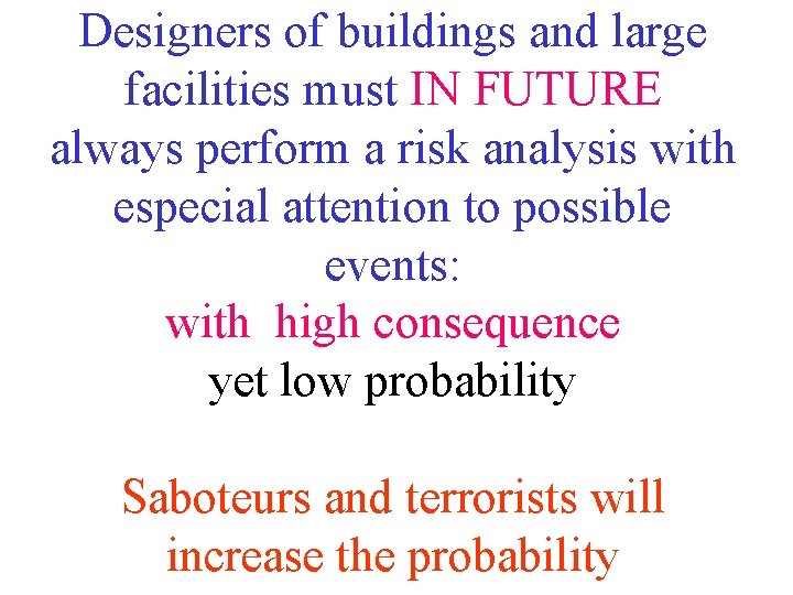 Designers of buildings and large facilities must IN FUTURE always perform a risk analysis