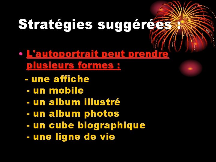 Stratégies suggérées : • L'autoportrait peut prendre plusieurs formes : - une affiche -