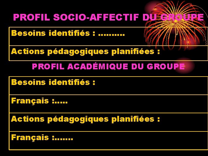 PROFIL SOCIO-AFFECTIF DU GROUPE Besoins identifiés : ………. Actions pédagogiques planifiées : PROFIL ACADÉMIQUE