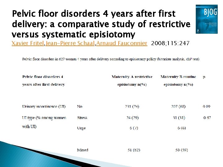 Pelvic floor disorders 4 years after first delivery: a comparative study of restrictive versus