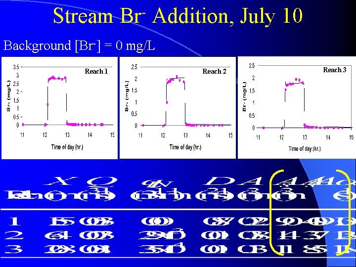 Stream Br- Addition, July 10 Background [Br-] = 0 mg/L Reach 1 Reach 2