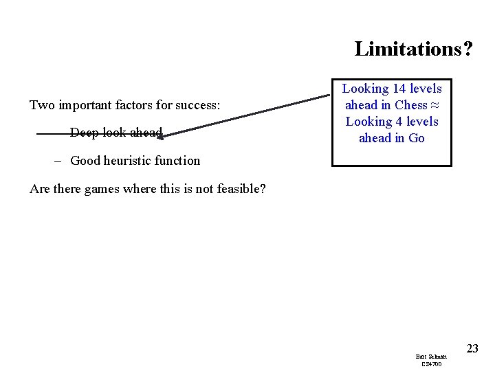 Limitations? Two important factors for success: – Deep look ahead Looking 14 levels ahead