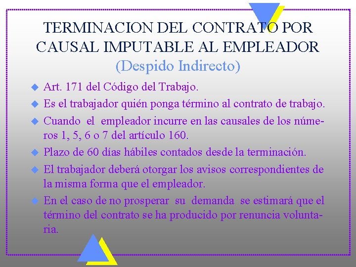 TERMINACION DEL CONTRATO POR CAUSAL IMPUTABLE AL EMPLEADOR (Despido Indirecto) u u u Art.