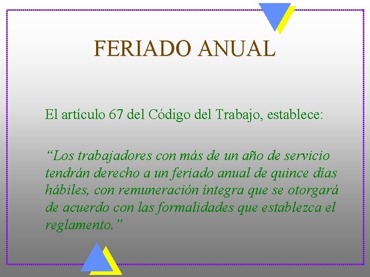 FERIADO ANUAL El artículo 67 del Código del Trabajo, establece: “Los trabajadores con más