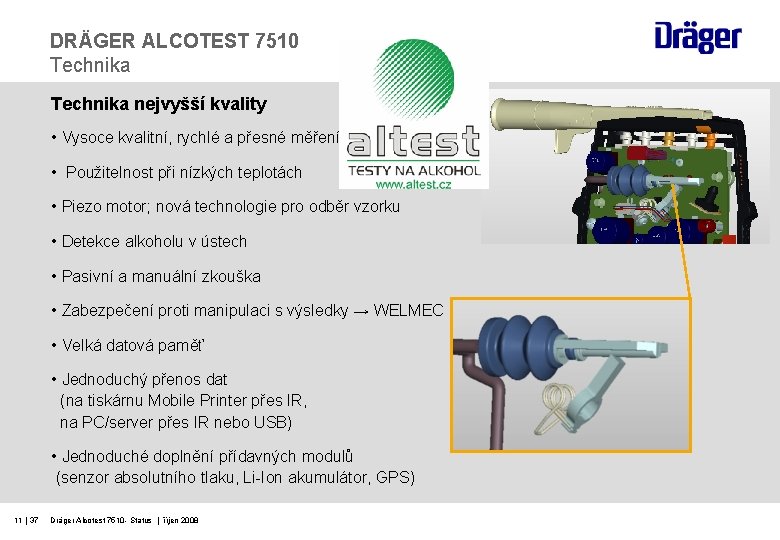 DRÄGER ALCOTEST 7510 Technika nejvyšší kvality • Vysoce kvalitní, rychlé a přesné měření •