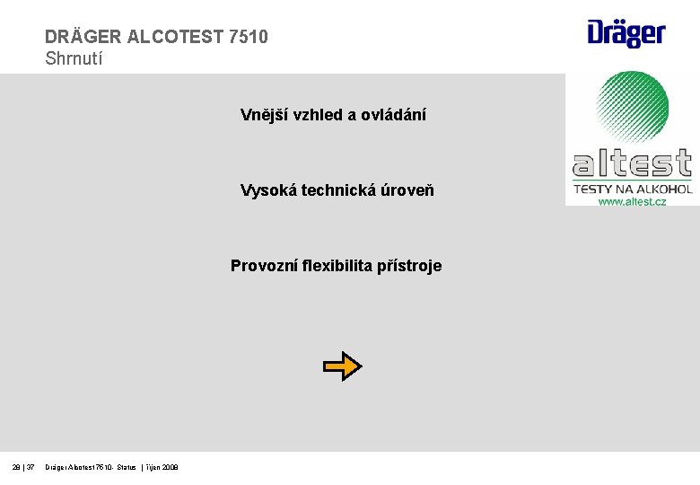 DRÄGER ALCOTEST 7510 Shrnutí Vnější vzhled a ovládání Vysoká technická úroveň Provozní flexibilita přístroje