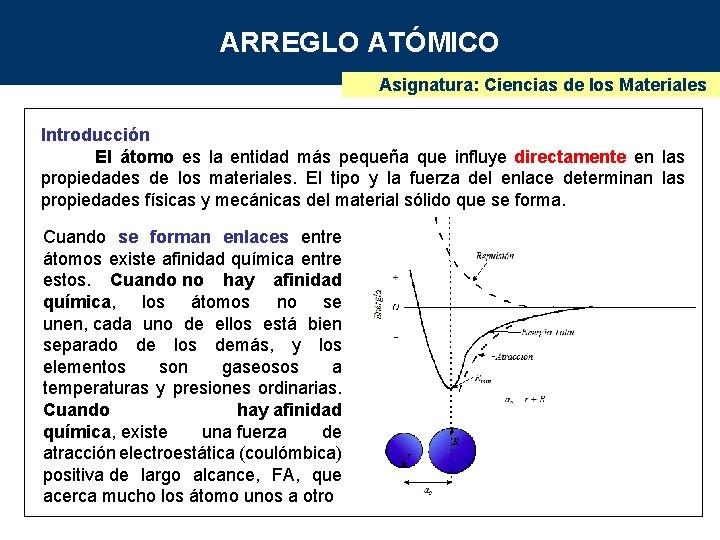 ARREGLO ATÓMICO Asignatura: Ciencias de los Materiales Introducción El átomo es la entidad más