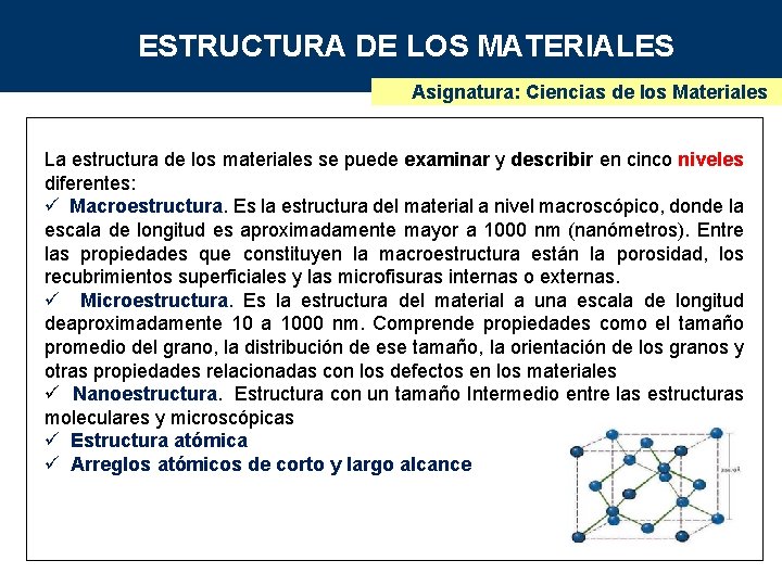 ESTRUCTURA DE LOS MATERIALES Asignatura: Ciencias de los Materiales La estructura de los materiales