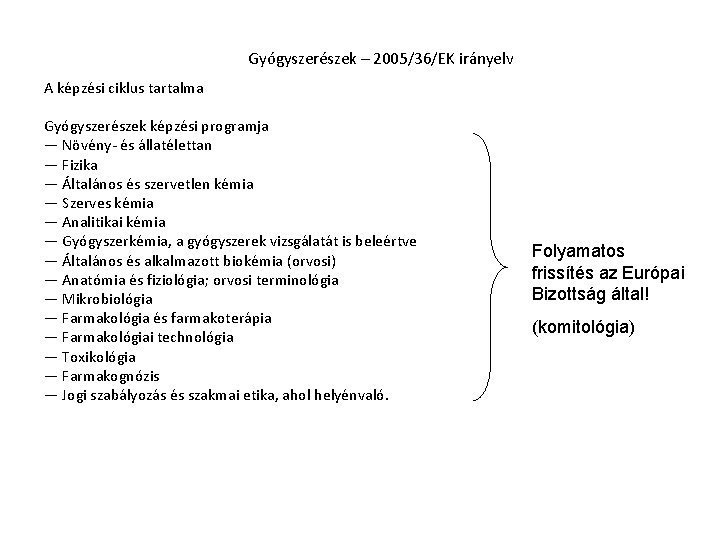 Gyógyszerészek – 2005/36/EK irányelv A képzési ciklus tartalma Gyógyszerészek képzési programja — Növény- és
