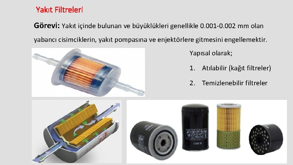 Yakıt Filtreleri Görevi: Yakıt içinde bulunan ve büyüklükleri genellikle 0. 001 -0. 002 mm