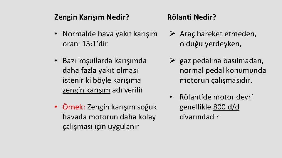 Zengin Karışım Nedir? Rölanti Nedir? • Normalde hava yakıt karışım oranı 15: 1’dir Ø