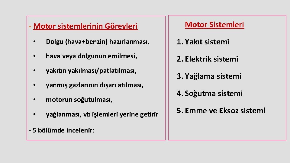 - Motor sistemlerinin Görevleri Motor Sistemleri • Dolgu (hava+benzin) hazırlanması, 1. Yakıt sistemi •