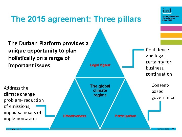 The 2015 agreement: Three pillars The Durban Platform provides a unique opportunity to plan