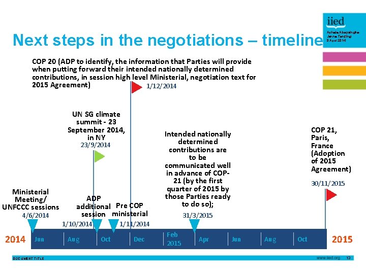 Next steps in the negotiations – timeline Achala Abeysinghe Janna Tenzing 8 April 2014