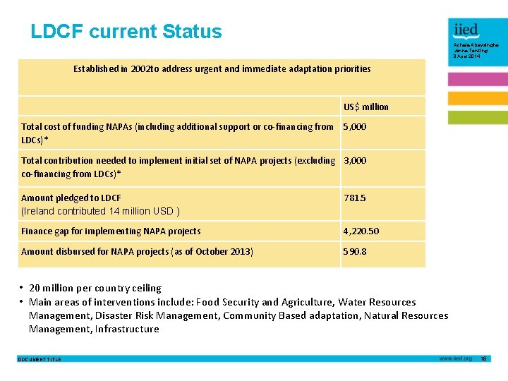 LDCF current Status Achala Abeysinghe Janna Tenzing 8 April 2014 Established in 2002 to