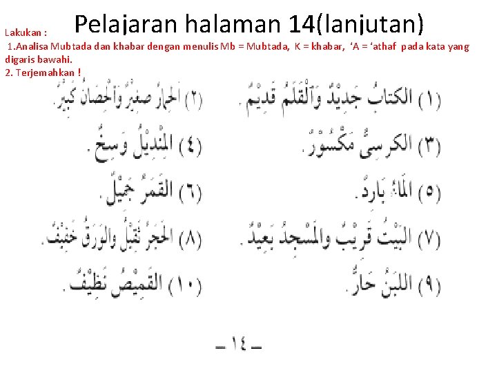 Pelajaran halaman 14(lanjutan) Lakukan : 1. Analisa Mubtada dan khabar dengan menulis Mb =