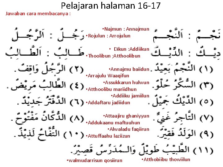 Pelajaran halaman 16 -17 Jawaban cara membacanya : • Najmun : Annajmun • Rojulun