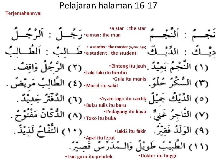 Terjemahannya: Pelajaran halaman 16 -17 • a star : the star • a man: