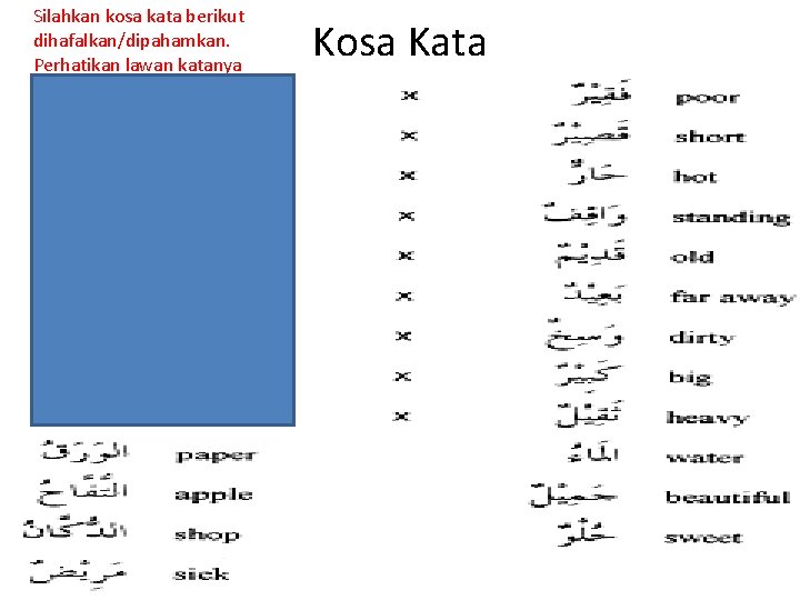 Silahkan kosa kata berikut dihafalkan/dipahamkan. Perhatikan lawan katanya Kosa Kata 