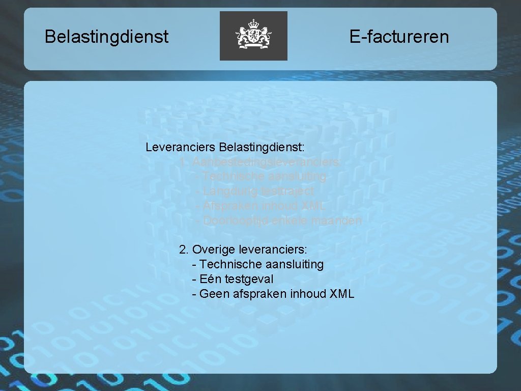 Belastingdienst E-factureren Leveranciers Belastingdienst: 1. Aanbestedingsleveranciers: - Technische aansluiting - Langdurig testtraject - Afspraken