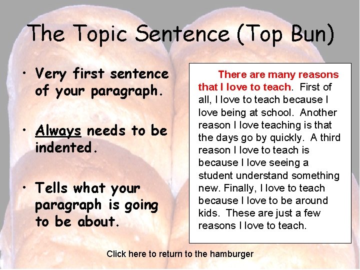 The Topic Sentence (Top Bun) • Very first sentence of your paragraph. • Always