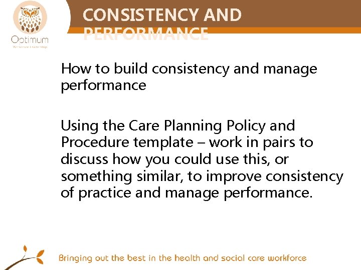 CONSISTENCY AND PERFORMANCE How to build consistency and manage performance Using the Care Planning