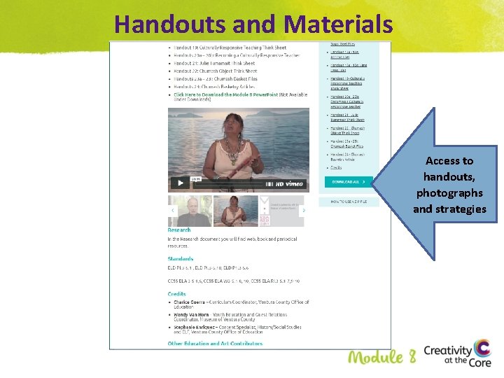 Handouts and Materials Access to handouts, photographs and strategies 