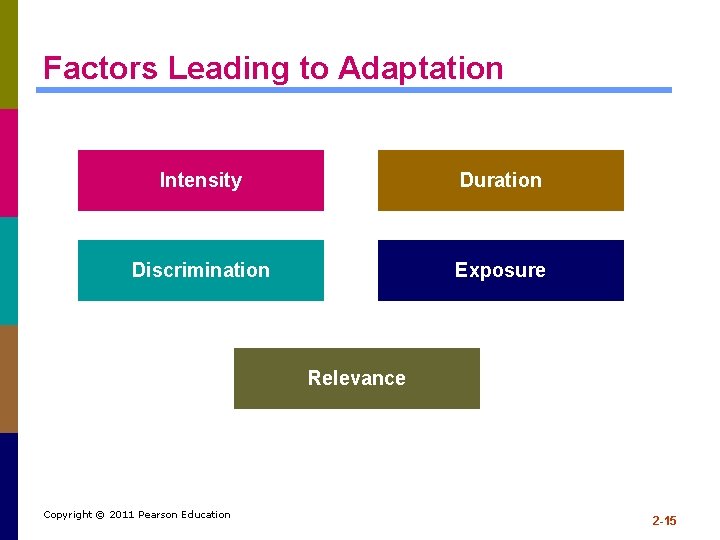 Factors Leading to Adaptation Intensity Duration Discrimination Exposure Relevance Copyright © 2011 Pearson Education