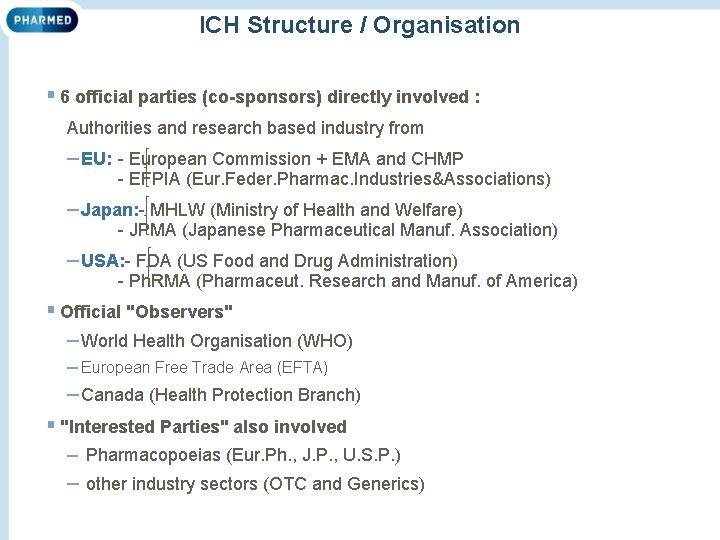 ICH Structure / Organisation § 6 official parties (co-sponsors) directly involved : Authorities and