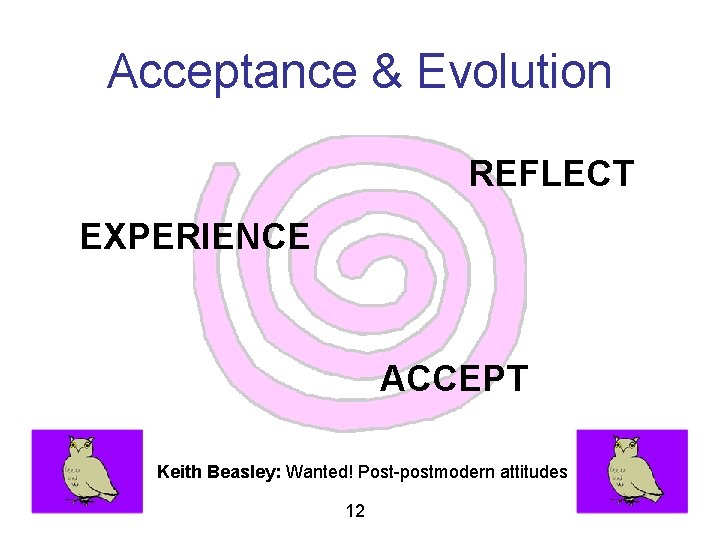 Acceptance & Evolution REFLECT EXPERIENCE ACCEPT Keith Beasley: Wanted! Post-postmodern attitudes 12 