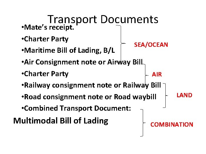 Transport Documents • Mate’s receipt. • Charter Party SEA/OCEAN • Maritime Bill of Lading,