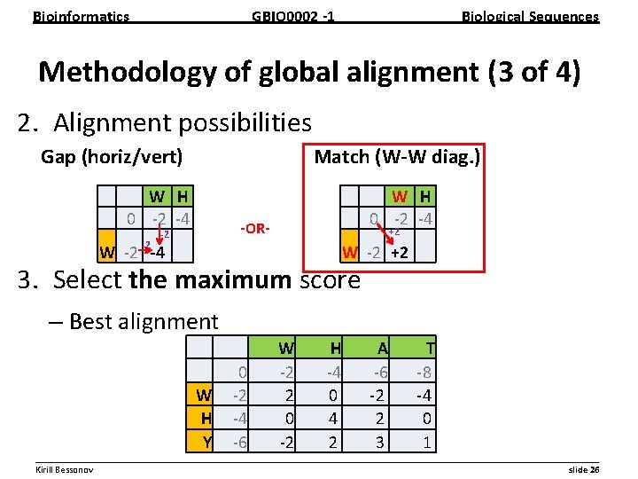 Bioinformatics GBIO 0002 1 Biological Sequences Methodology of global alignment (3 of 4) 2.