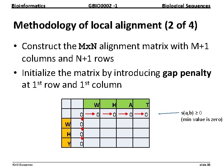 Bioinformatics GBIO 0002 1 Biological Sequences Methodology of local alignment (2 of 4) •