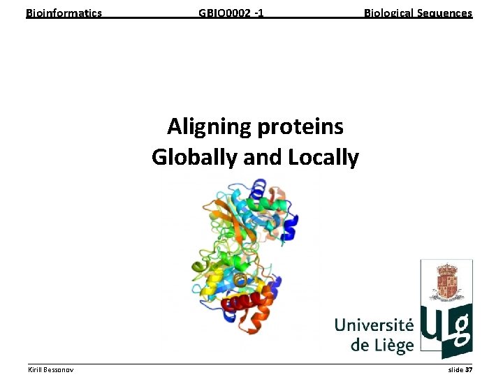 Bioinformatics GBIO 0002 1 Biological Sequences Aligning proteins Globally and Locally __________________________________________________________ Kirill Bessonov