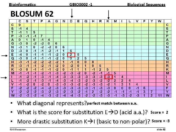 Bioinformatics GBIO 0002 1 Biological Sequences BLOSUM 62 • What diagonal represents? perfect match