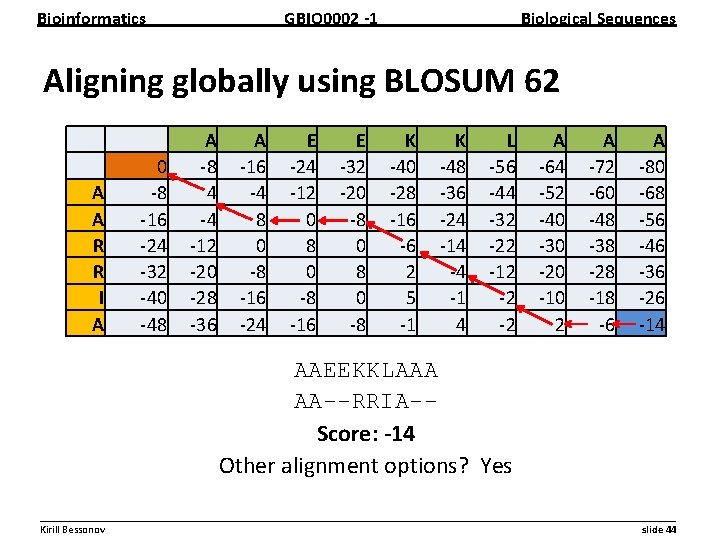 Bioinformatics GBIO 0002 1 Biological Sequences Aligning globally using BLOSUM 62 A A R