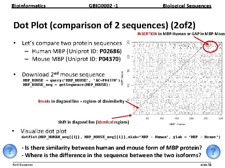 Bioinformatics GBIO 0002 1 Biological Sequences Dot Plot (comparison of 2 sequences) (2 of