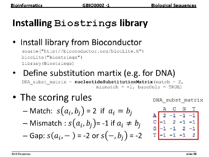 Bioinformatics GBIO 0002 1 Biological Sequences Installing Biostrings library • DNA_subst_matrix __________________________________________________________ Kirill Bessonov