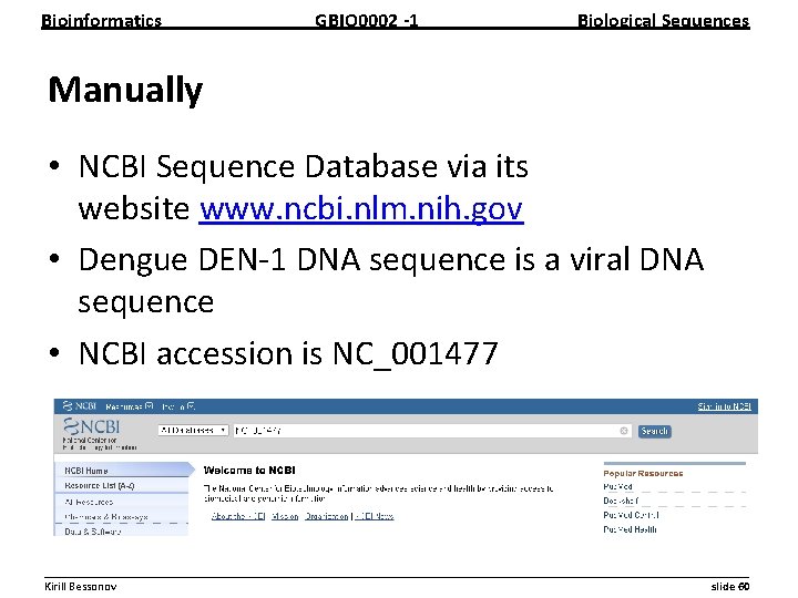 Bioinformatics GBIO 0002 1 Biological Sequences Manually • NCBI Sequence Database via its website