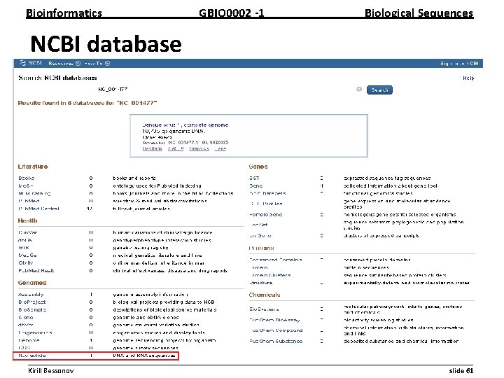 Bioinformatics GBIO 0002 1 Biological Sequences NCBI database __________________________________________________________ Kirill Bessonov slide 61 