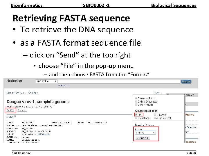 Bioinformatics GBIO 0002 1 Biological Sequences Retrieving FASTA sequence • To retrieve the DNA