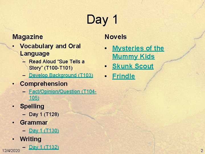 Day 1 Magazine Novels • Vocabulary and Oral Language • Mysteries of the Mummy
