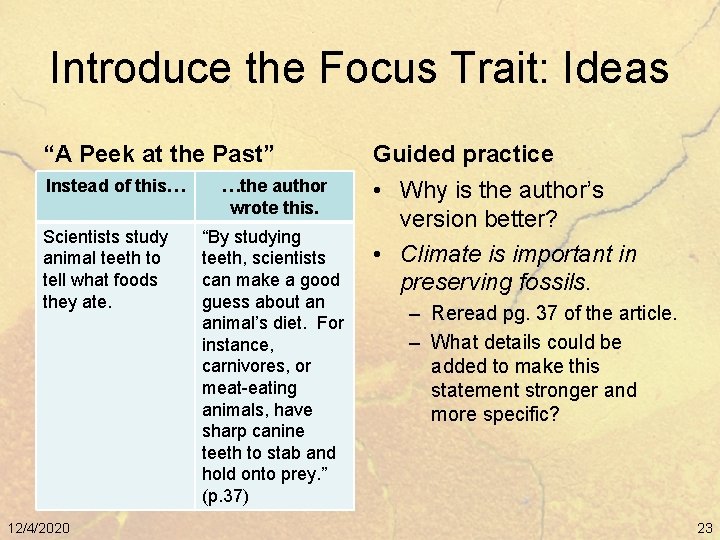 Introduce the Focus Trait: Ideas “A Peek at the Past” Guided practice Instead of