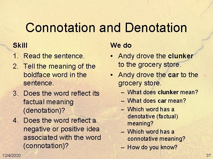 Connotation and Denotation Skill We do 1. Read the sentence. 2. Tell the meaning