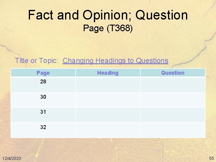 Fact and Opinion; Question Page (T 368) Title or Topic: Changing Headings to Questions