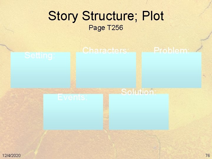 Story Structure; Plot Page T 256 Setting: Characters: Events: 12/4/2020 Problem: Solution: 76 