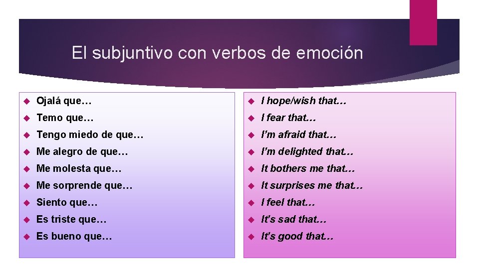 El subjuntivo con verbos de emoción Ojalá que… I hope/wish that… Temo que… I